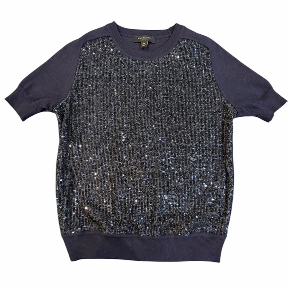 Ann Taylor Petite Navy Blue Sequin Short Sleeve Sweater Top |‎ Size XSP